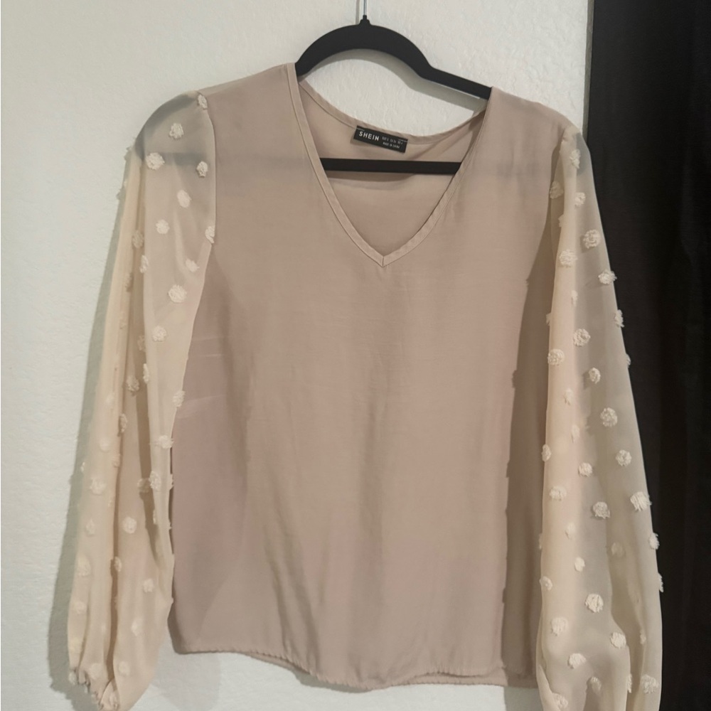 SHEIN Beige V-Neck Top with Sheer Polka Dot Sleeves